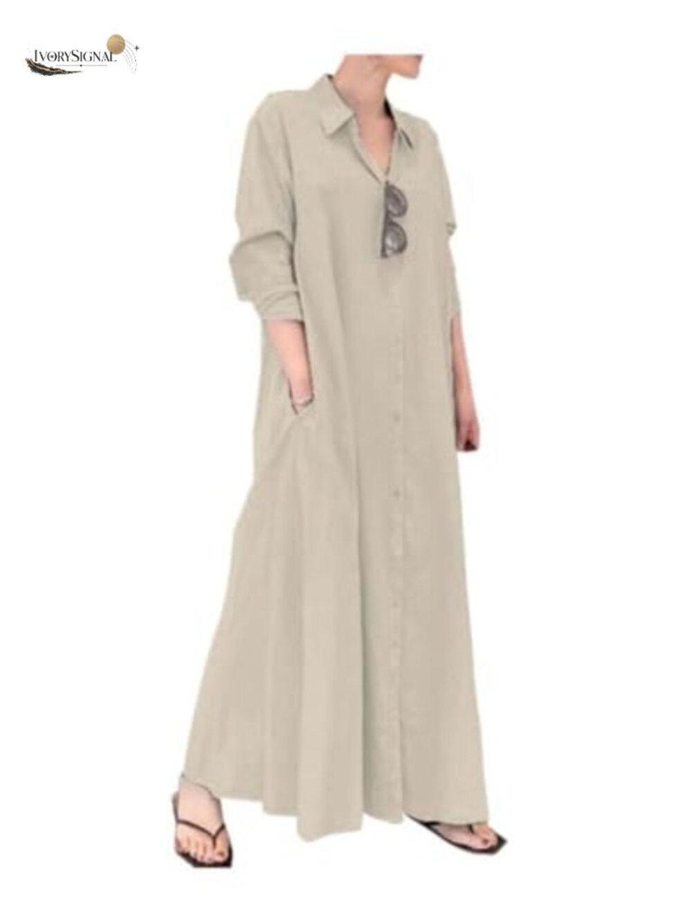 Cotton Linen Maxi Dress Long Sleeve Button Down Shirt Dress